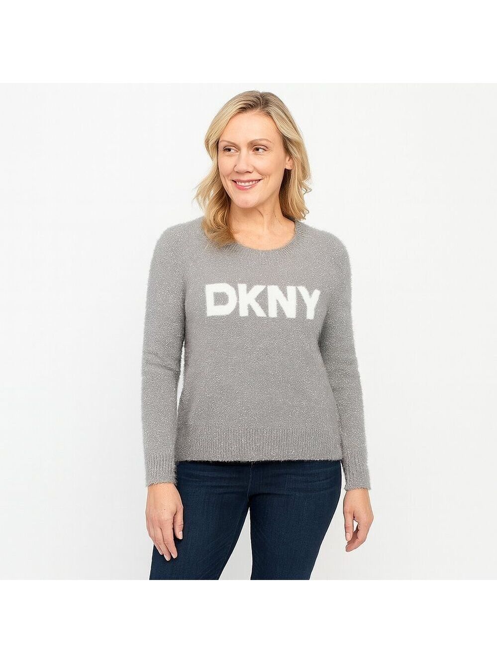 DKNY Gray Metallic Logo Sweater XL Bell Sleeves NWT